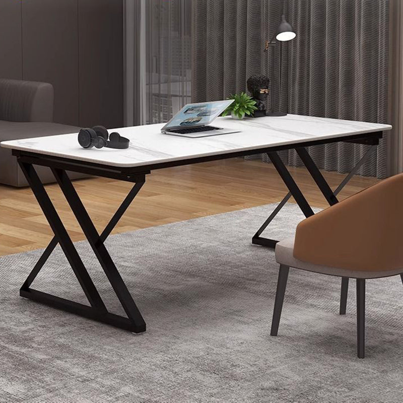 Stone Slab Top Office Desk with Carbon Steel Frame - Modern Minimalist Rectangular Desk for Home Office