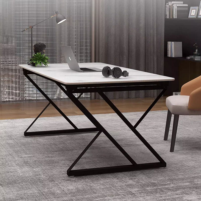 Stone Slab Top Office Desk with Carbon Steel Frame - Modern Minimalist Rectangular Desk for Home Office