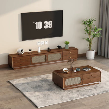 Modern Mid-Century Rectangular Rounded Corners Particle Board Plastic Rattan Weaving Coffee Table 2-Drawer For Living Room