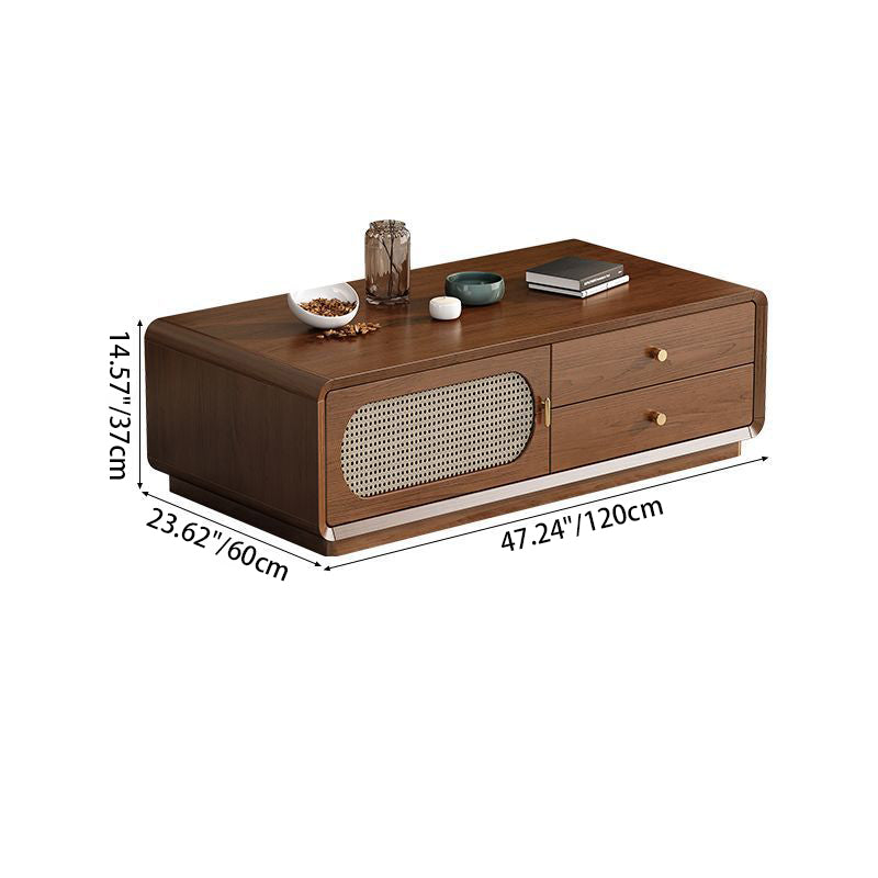Modern Mid-Century Rectangular Rounded Corners Particle Board Plastic Rattan Weaving Coffee Table 2-Drawer For Living Room