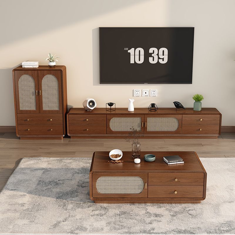 Modern Mid-Century Rectangular Rounded Corners Particle Board Plastic Rattan Weaving Coffee Table 2-Drawer For Living Room