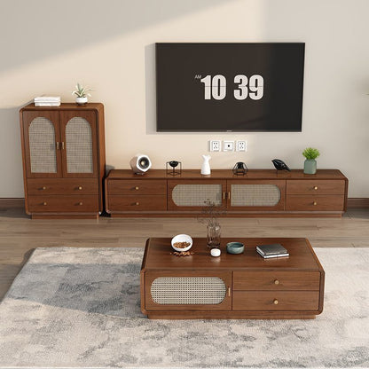 Modern Mid-Century Rectangular Rounded Corners Particle Board Plastic Rattan Weaving Coffee Table 2-Drawer For Living Room