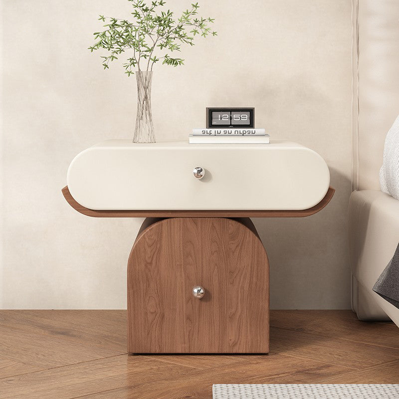 Modern Minimalist Solid Wood Plywood Faux Leather Rounded Nightstand With 2-Drawer Storage For Bedroom
