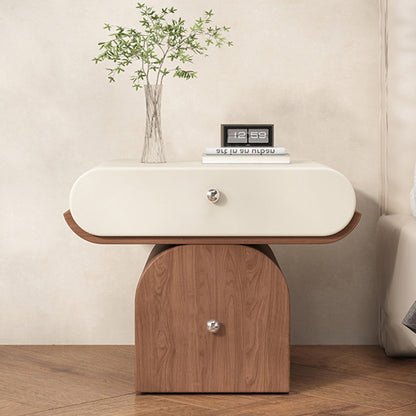 Modern Minimalist Solid Wood Plywood Faux Leather Rounded Nightstand With 2-Drawer Storage For Bedroom