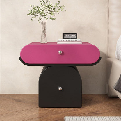 Modern Minimalist Solid Wood Plywood Faux Leather Rounded Nightstand With 2-Drawer Storage For Bedroom