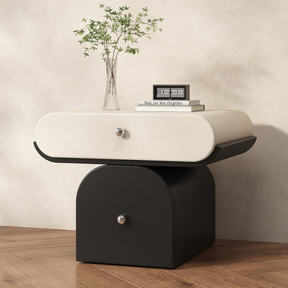 Modern Minimalist Solid Wood Plywood Faux Leather Rounded Nightstand With 2-Drawer Storage For Bedroom