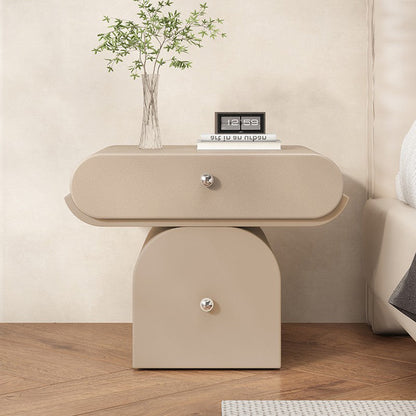 Modern Minimalist Solid Wood Plywood Faux Leather Rounded Nightstand With 2-Drawer Storage For Bedroom