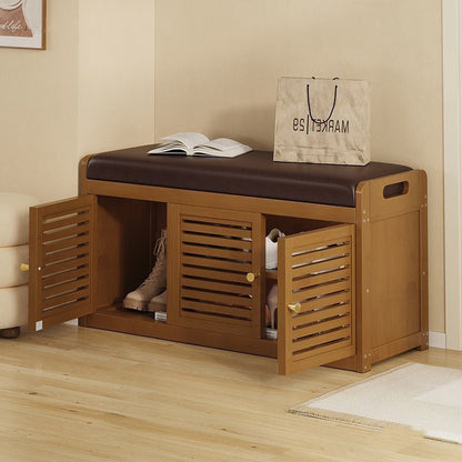 Modern Minimalist Rectangular Bamboo Faux Leather Shoe Bench 2/3/4-Cabinet For Entryway