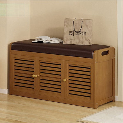 Modern Minimalist Rectangular Bamboo Faux Leather Shoe Bench 2/3/4-Cabinet For Entryway