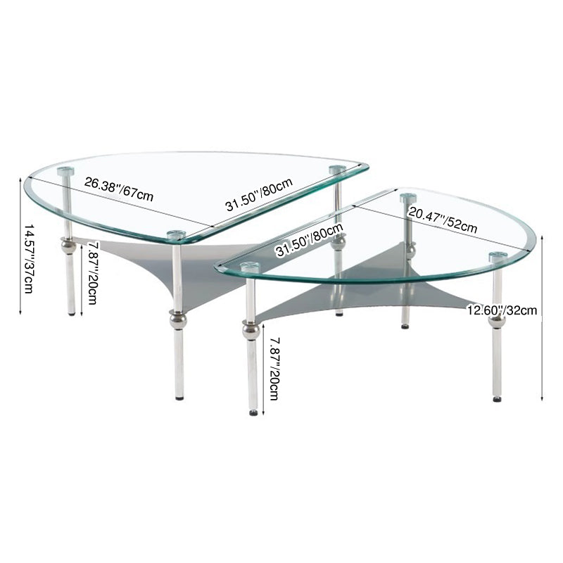 Modern Minimalist Oval-Triangular Rounded-Corner Stainless Steel Tempered Glass Coffee Table Set 2-Tier For Living Room