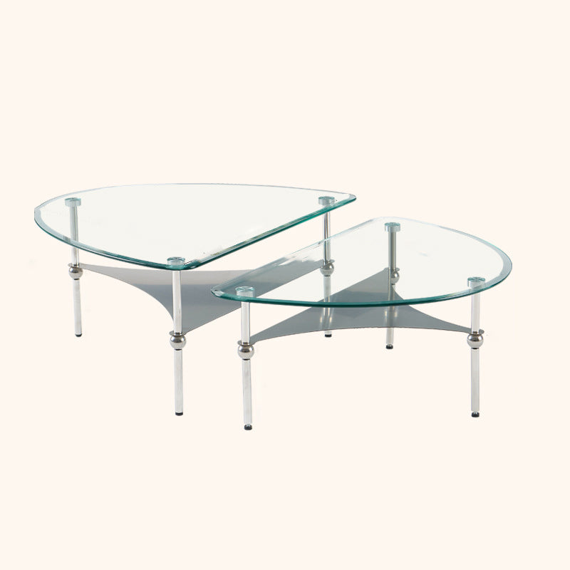 Modern Minimalist Oval-Triangular Rounded-Corner Stainless Steel Tempered Glass Coffee Table Set 2-Tier For Living Room