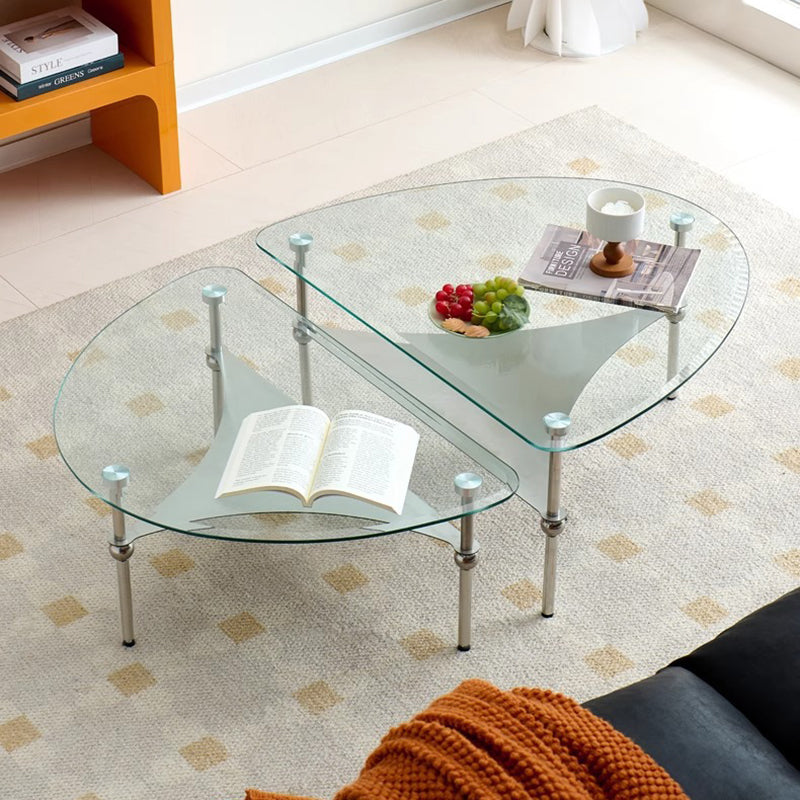 Modern Minimalist Oval-Triangular Rounded-Corner Stainless Steel Tempered Glass Coffee Table Set 2-Tier For Living Room