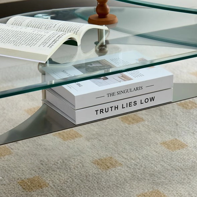Modern Minimalist Oval-Triangular Rounded-Corner Stainless Steel Tempered Glass Coffee Table Set 2-Tier For Living Room