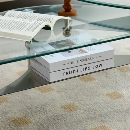 Modern Minimalist Oval-Triangular Rounded-Corner Stainless Steel Tempered Glass Coffee Table Set 2-Tier For Living Room