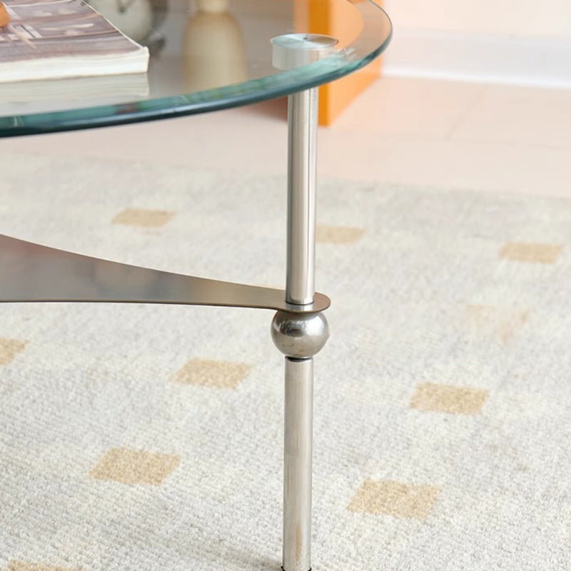 Modern Minimalist Oval-Triangular Rounded-Corner Stainless Steel Tempered Glass Coffee Table Set 2-Tier For Living Room