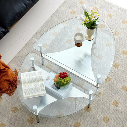 Modern Minimalist Oval-Triangular Rounded-Corner Stainless Steel Tempered Glass Coffee Table Set 2-Tier For Living Room