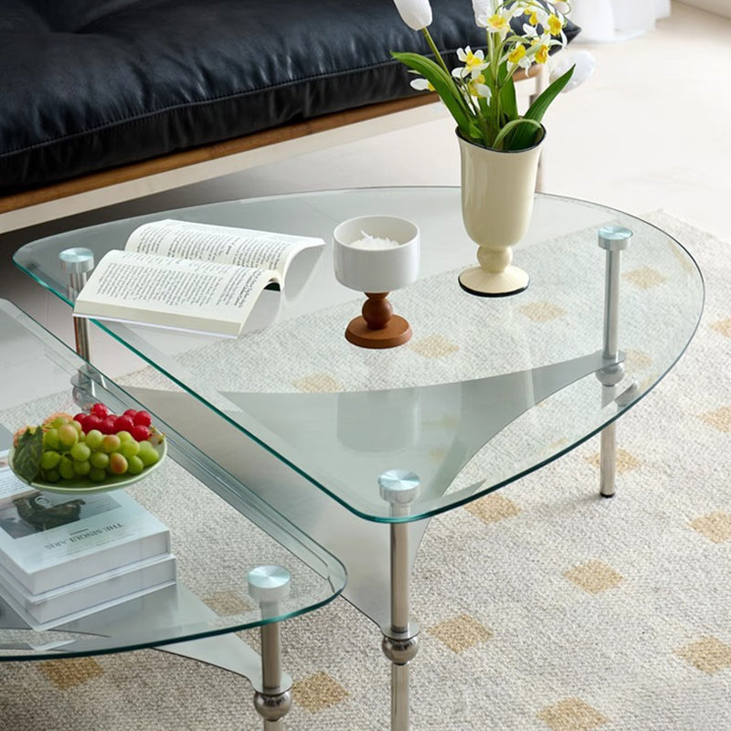 Modern Minimalist Oval-Triangular Rounded-Corner Stainless Steel Tempered Glass Coffee Table Set 2-Tier For Living Room