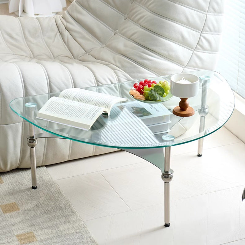 Modern Minimalist Oval-Triangular Rounded-Corner Stainless Steel Tempered Glass Coffee Table Set 2-Tier For Living Room