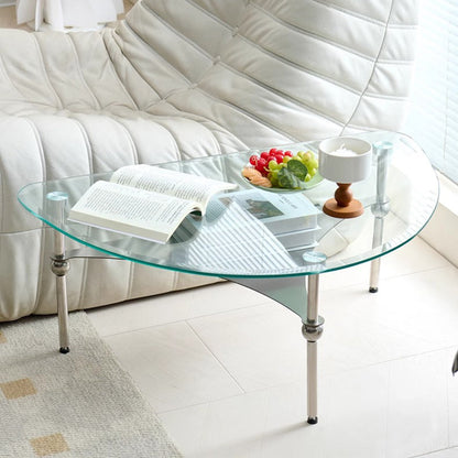 Modern Minimalist Oval-Triangular Rounded-Corner Stainless Steel Tempered Glass Coffee Table Set 2-Tier For Living Room