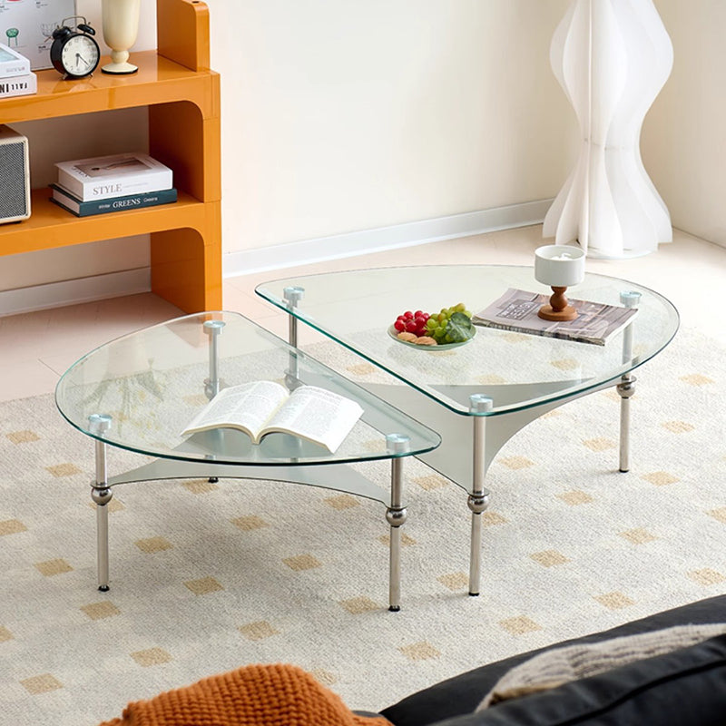 Modern Minimalist Oval-Triangular Rounded-Corner Stainless Steel Tempered Glass Coffee Table Set 2-Tier For Living Room