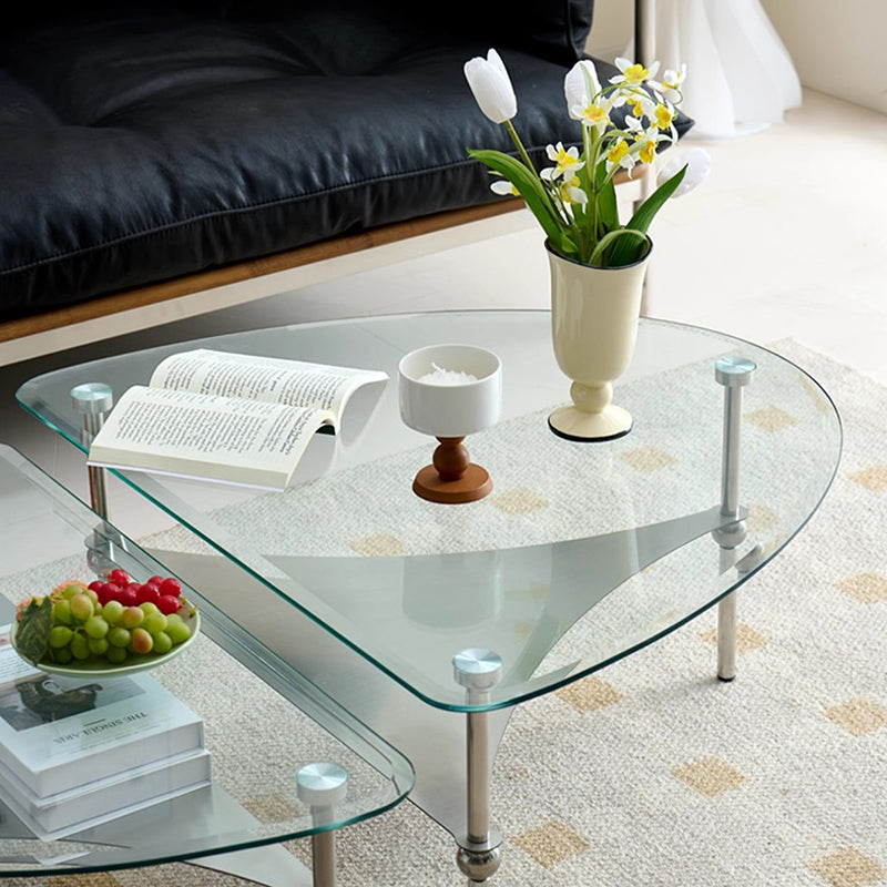 Modern Minimalist Oval-Triangular Rounded-Corner Stainless Steel Tempered Glass Coffee Table Set 2-Tier For Living Room