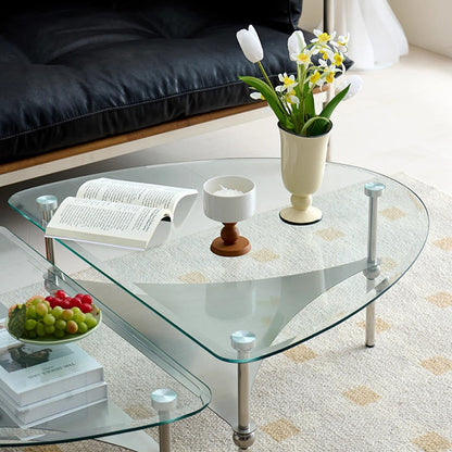 Modern Minimalist Oval-Triangular Rounded-Corner Stainless Steel Tempered Glass Coffee Table Set 2-Tier For Living Room