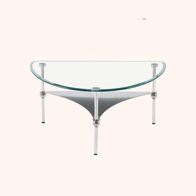 Modern Minimalist Oval-Triangular Rounded-Corner Stainless Steel Tempered Glass Coffee Table Set 2-Tier For Living Room