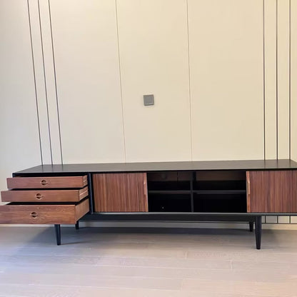 Contemporary Retro Solid Ash Wood & Plywood Rectangular TV Stand With 3 Drawers & 3 Shelves For Living Room