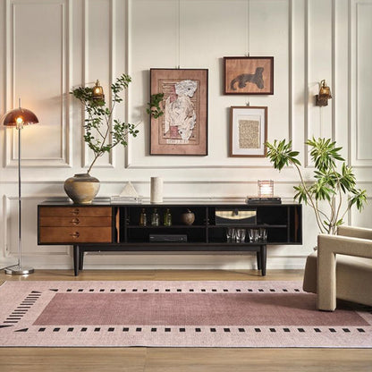 Contemporary Retro Solid Ash Wood & Plywood Rectangular TV Stand With 3 Drawers & 3 Shelves For Living Room