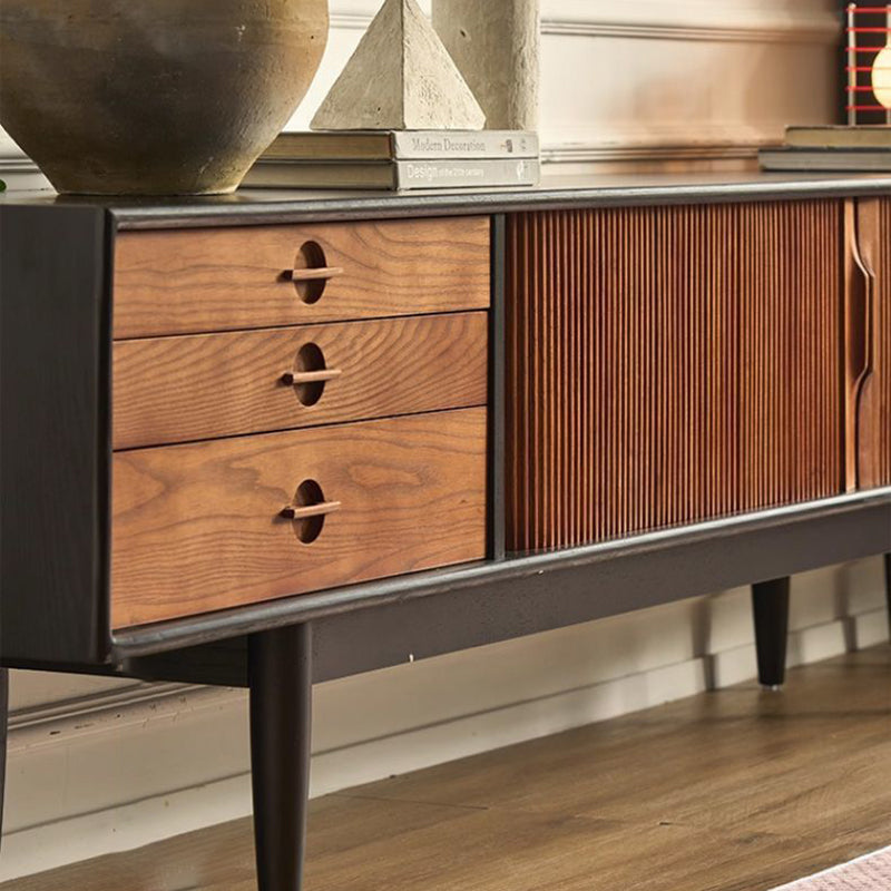 Contemporary Retro Solid Ash Wood & Plywood Rectangular TV Stand With 3 Drawers & 3 Shelves For Living Room