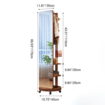 Modern Minimalist Rectangular Solid Wood Rotatable Movable Hall Tree With Mirror & 3-Tier Storage For Bedroom & Entryways