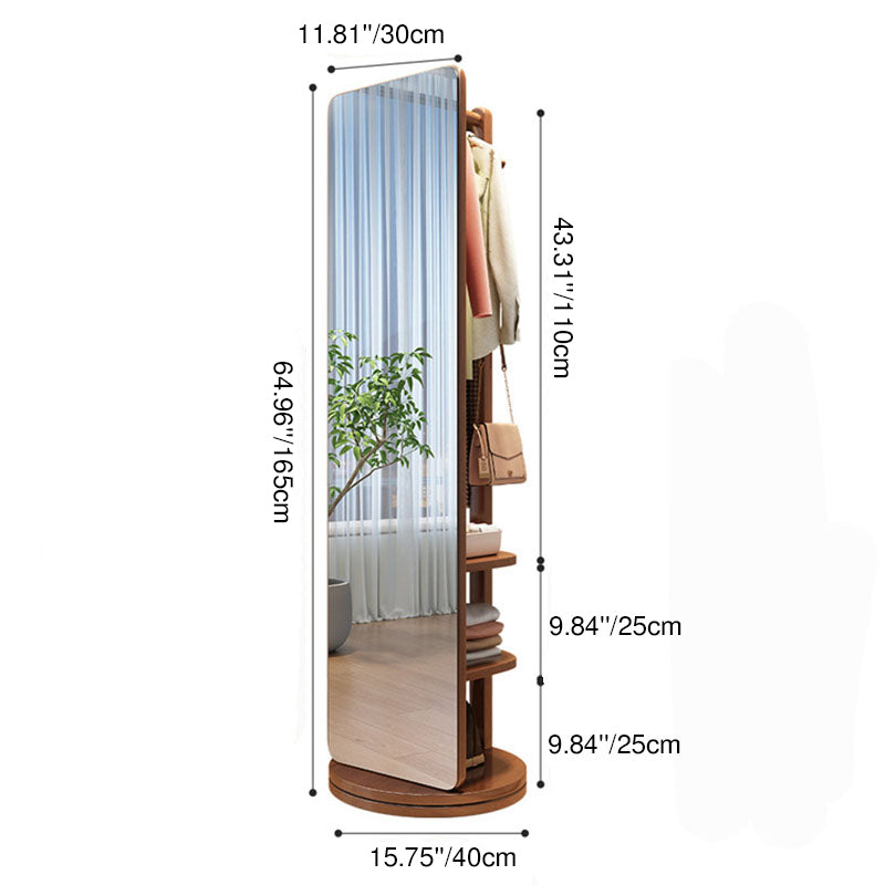 Modern Minimalist Rectangular Solid Wood Rotatable Movable Hall Tree With Mirror & 3-Tier Storage For Bedroom & Entryways