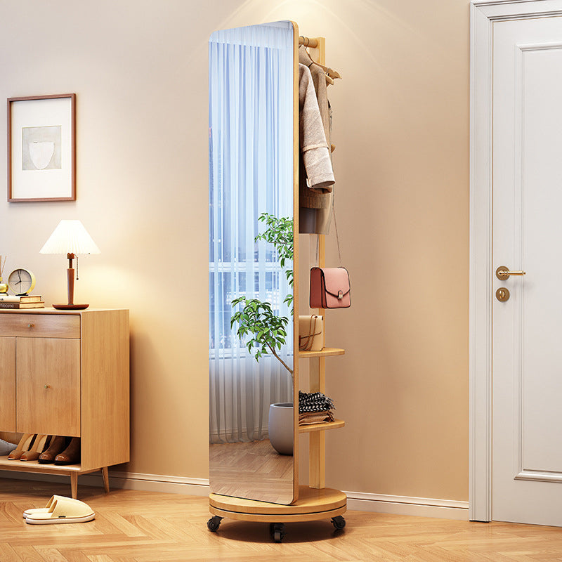 Modern Minimalist Rectangular Solid Wood Rotatable Movable Hall Tree With Mirror & 3-Tier Storage For Bedroom & Entryways