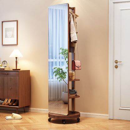 Modern Minimalist Rectangular Solid Wood Rotatable Movable Hall Tree With Mirror & 3-Tier Storage For Bedroom & Entryways