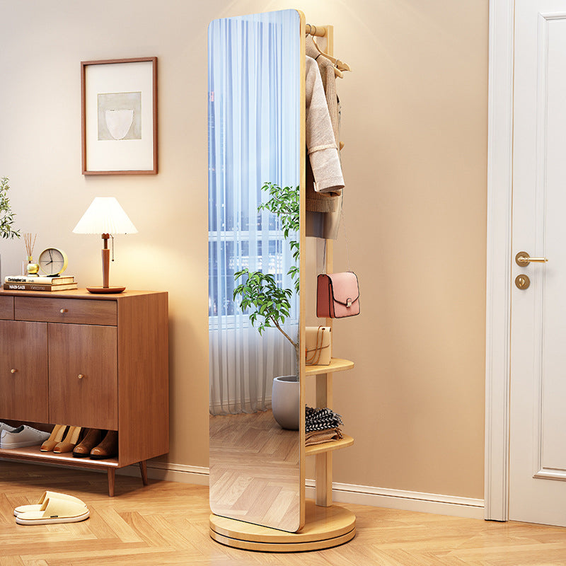 Modern Minimalist Rectangular Solid Wood Rotatable Movable Hall Tree With Mirror & 3-Tier Storage For Bedroom & Entryways