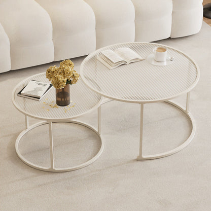 Modern Minimalist Tempered Glass Iron Round Nesting Coffee Table Set For Living Room