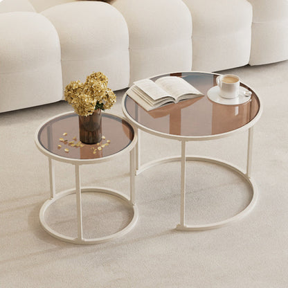 Modern Minimalist Tempered Glass Iron Round Nesting Coffee Table Set For Living Room