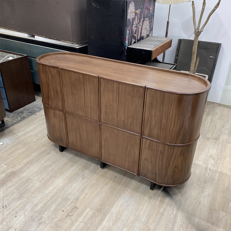 Contemporary Retro Solid Wood & Plywood Rounded Storage Cabinet With 3-Tier Design For Entryway & Living Room