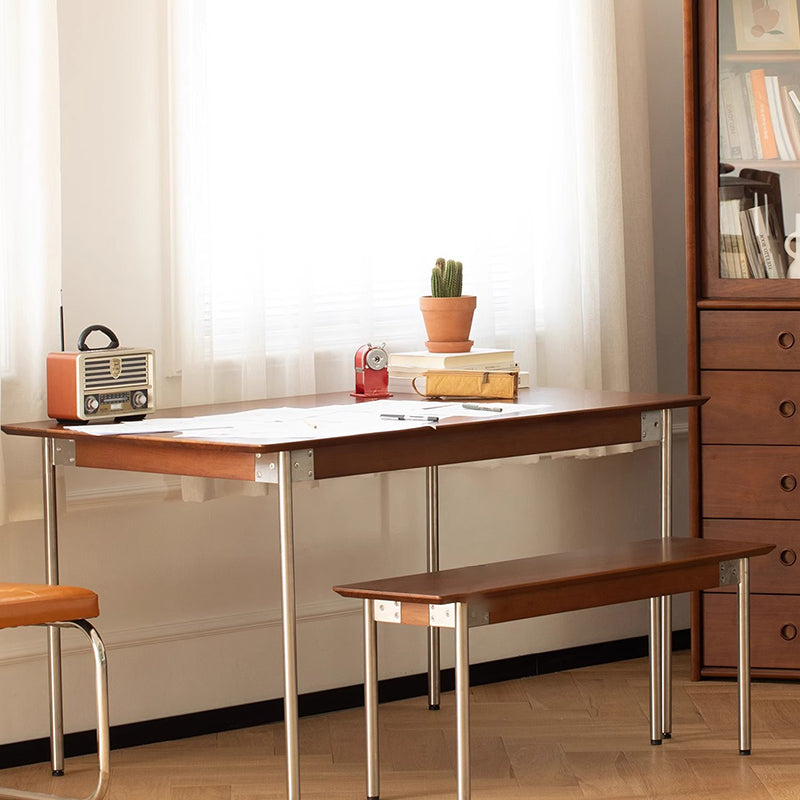 Modern Minimalist Pine & Stainless Steel Rectangular Bench Backless For Dining Room