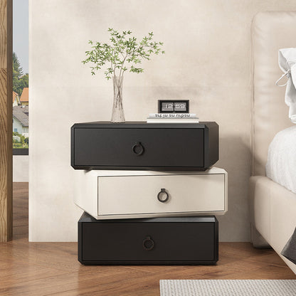 Modern Minimalist Plywood Faux Leather Rectangular Nightstand With 360° Rotating 3-Drawer Design For Bedroom