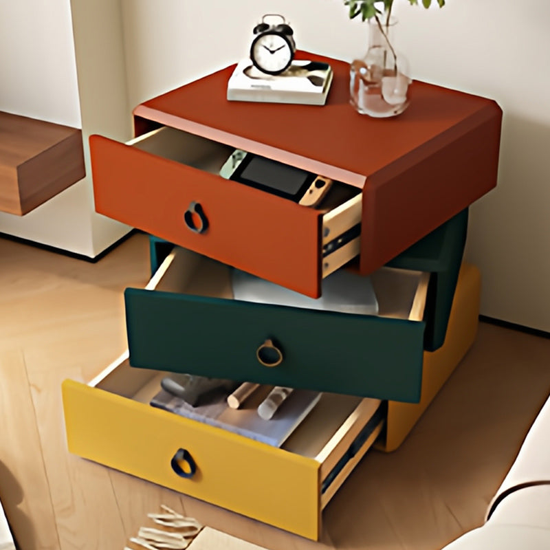 Modern Minimalist Plywood Faux Leather Rectangular Nightstand With 360° Rotating 3-Drawer Design For Bedroom