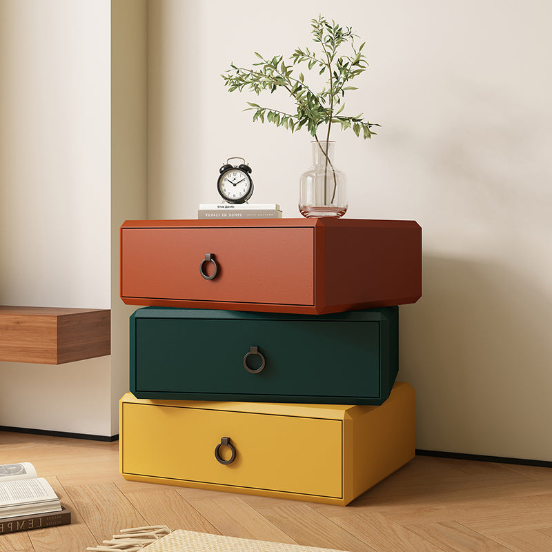 Modern Minimalist Plywood Faux Leather Rectangular Nightstand With 360° Rotating 3-Drawer Design For Bedroom