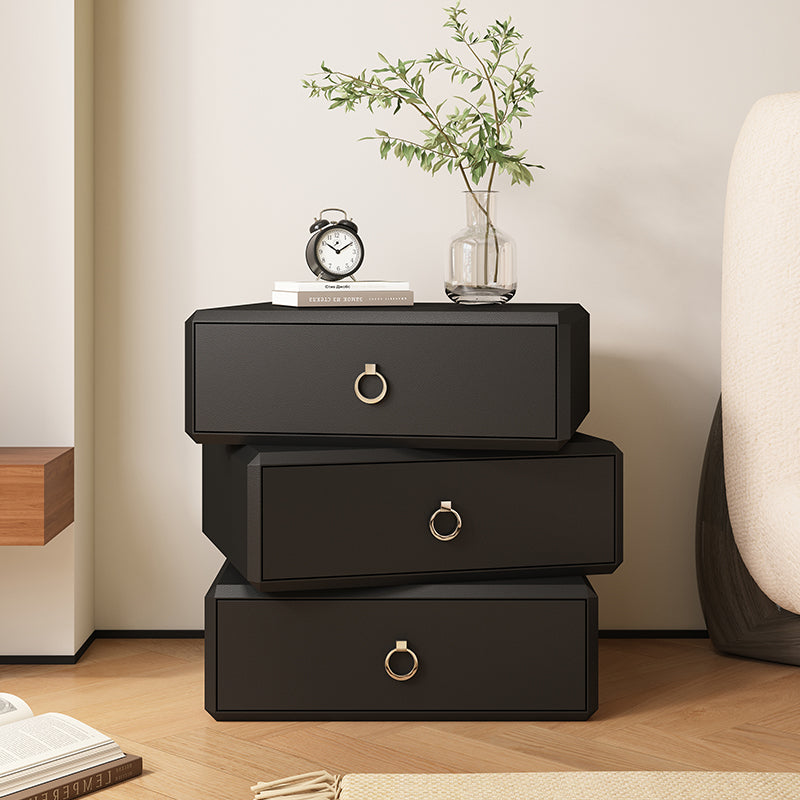 Modern Minimalist Plywood Faux Leather Rectangular Nightstand With 360° Rotating 3-Drawer Design For Bedroom