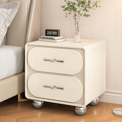 Contemporary Creative Solid Wood Faux Leather Rounded Rectangular Nightstand With 2-Drawer Storage For Bedroom