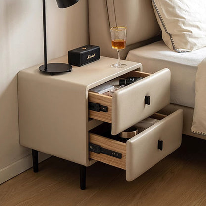 Modern Minimalist Solid Wood & Plywood Faux Leather Rectangular Nightstand With 2-Drawer Design For Bedroom