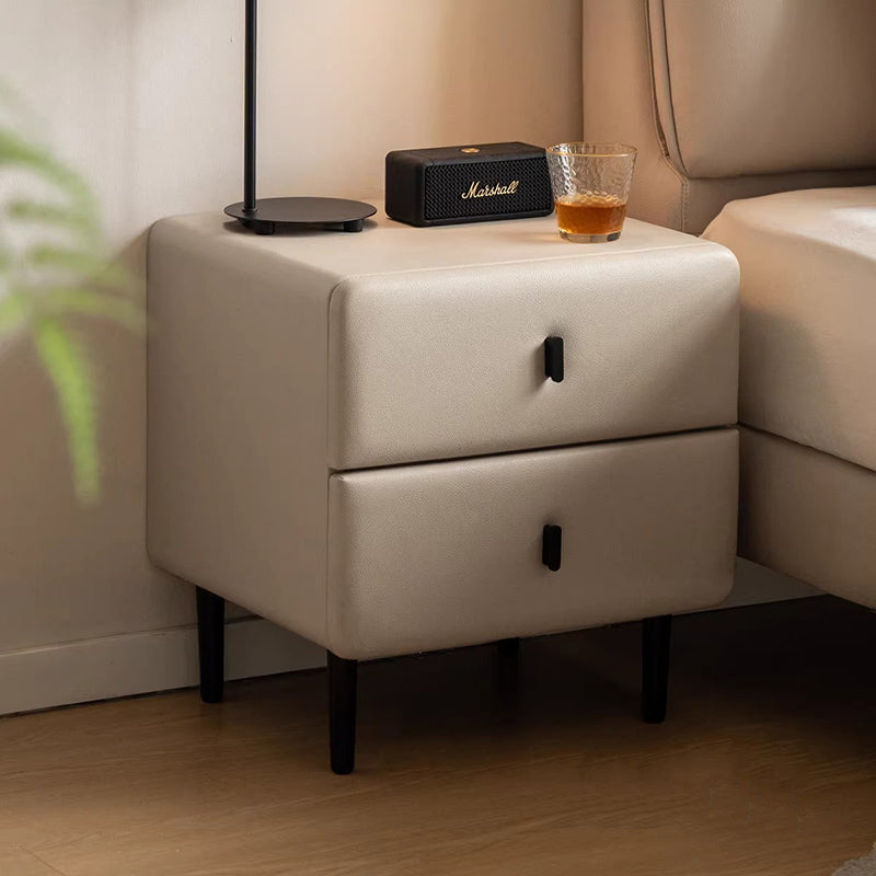 Modern Minimalist Solid Wood & Plywood Faux Leather Rectangular Nightstand With 2-Drawer Design For Bedroom