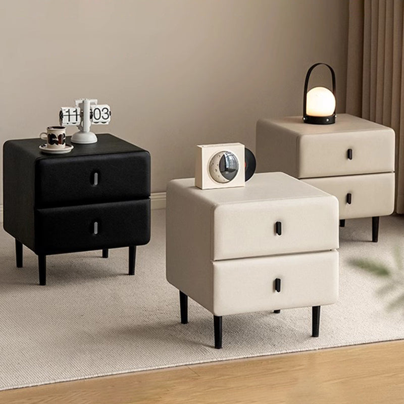 Modern Minimalist Solid Wood & Plywood Faux Leather Rectangular Nightstand With 2-Drawer Design For Bedroom