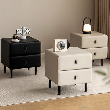 Modern Minimalist Solid Wood & Plywood Faux Leather Rectangular Nightstand With 2-Drawer Design For Bedroom