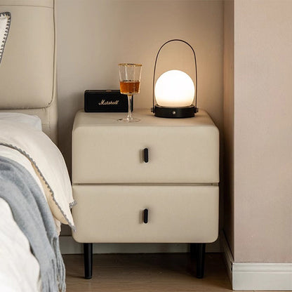 Modern Minimalist Solid Wood & Plywood Faux Leather Rectangular Nightstand With 2-Drawer Design For Bedroom