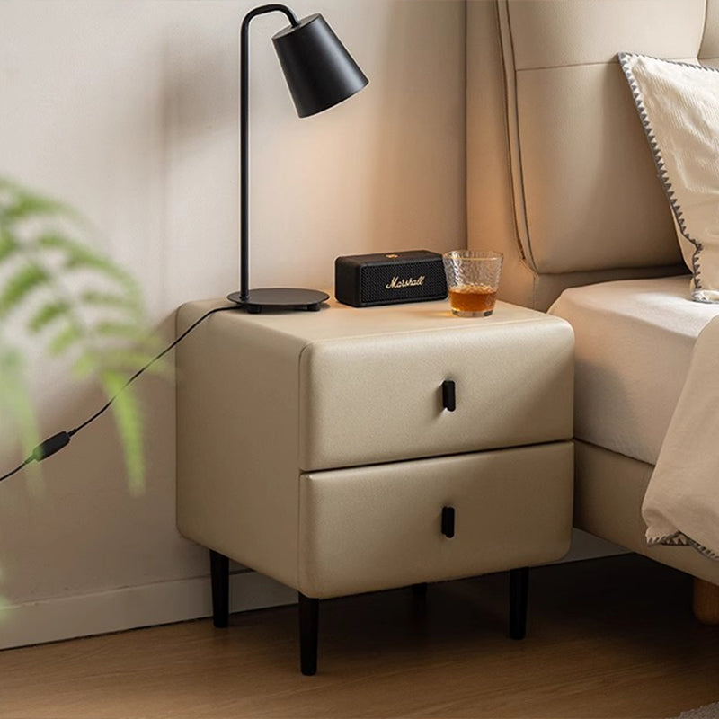 Modern Minimalist Solid Wood & Plywood Faux Leather Rectangular Nightstand With 2-Drawer Design For Bedroom